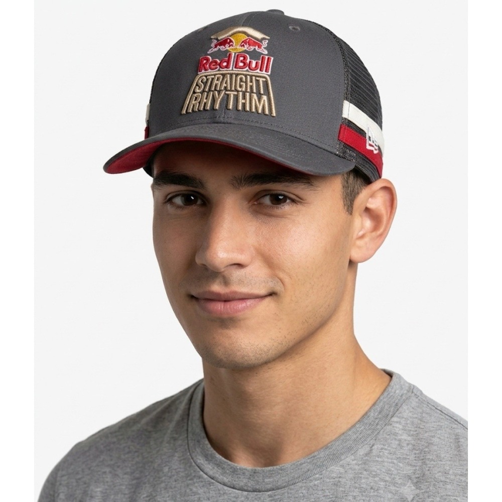 Red Bull Straight Rhythm Embroidered Trucker Snapback Hat Mesh Back Grey